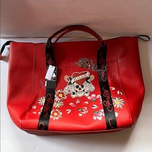 Ed Hardy Big Red Tote Weekender with Floral and Skull Design
